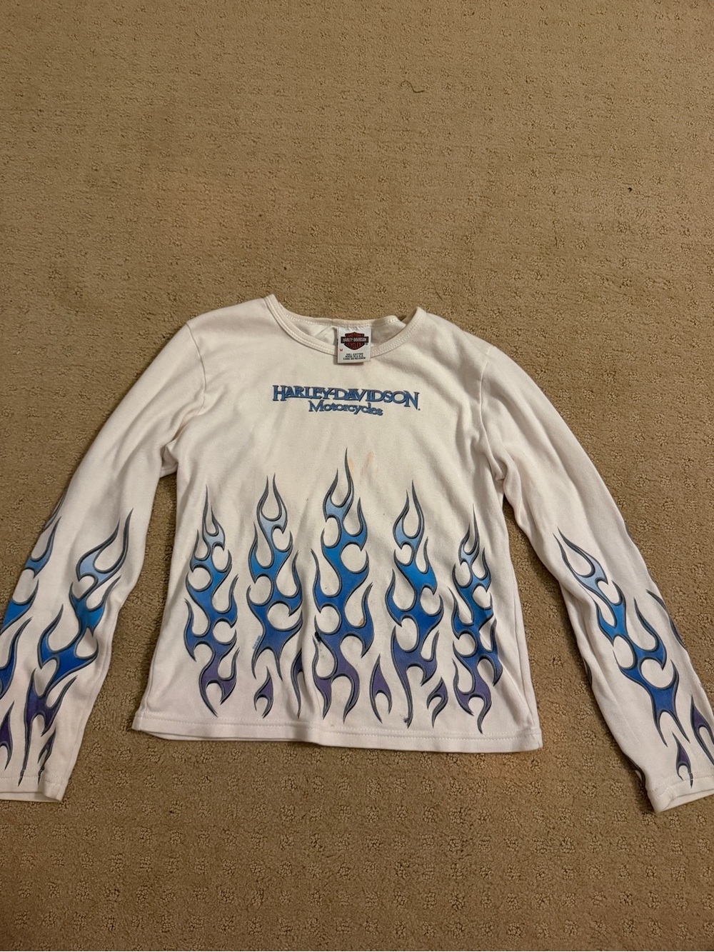 Vintage Harley-Davidson White Long Sleeve Top with Blue Purple Flame Print